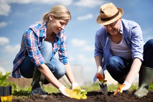 Well-manicured lawn with professional mowing equipment